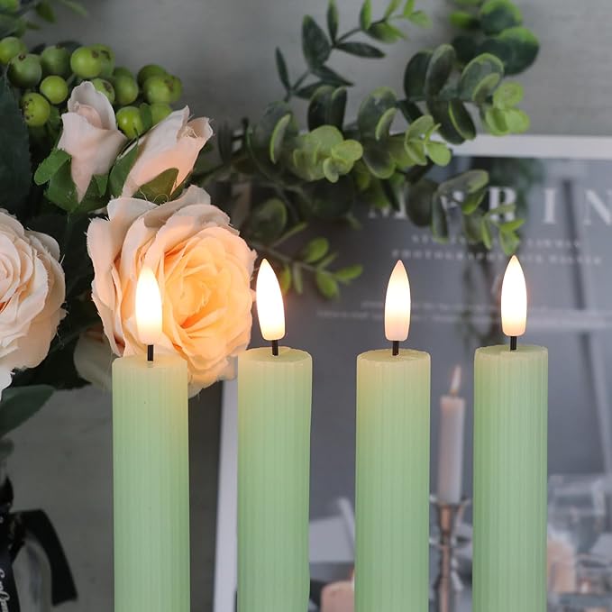 Wondise Flameless Flickering Taper Candles with Remote and Timer, Battery Operated 3D Wick Real Wax LED Taper Candles 6 Packs for Spring Dinner Holiday Decor(0.78 x 9.64 Inches,Green)