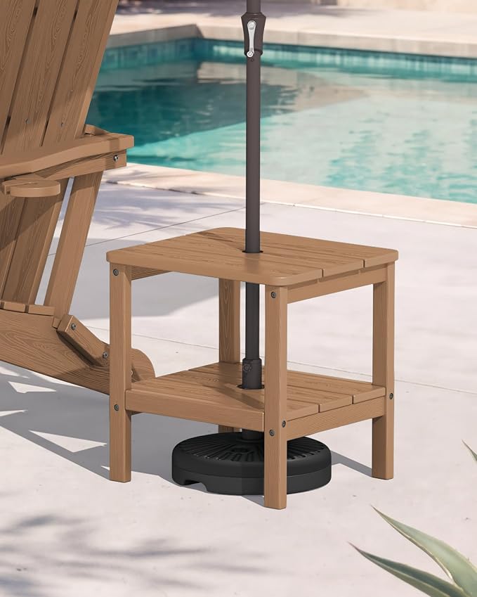 SERWALL 2-Tier HDPE Outdoor Side Table, Weatherproof Rectangular Adirondack Side Table, Brown