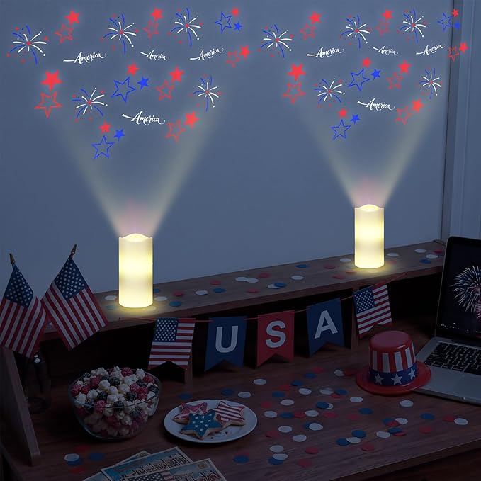 4th of July Flameless Candle Patriotic Projector Light 250th Anniversary Decoration LED Candle Battery Operated Night Light with Remote Timer Independence Day Memorial Red White Blue Table Decor