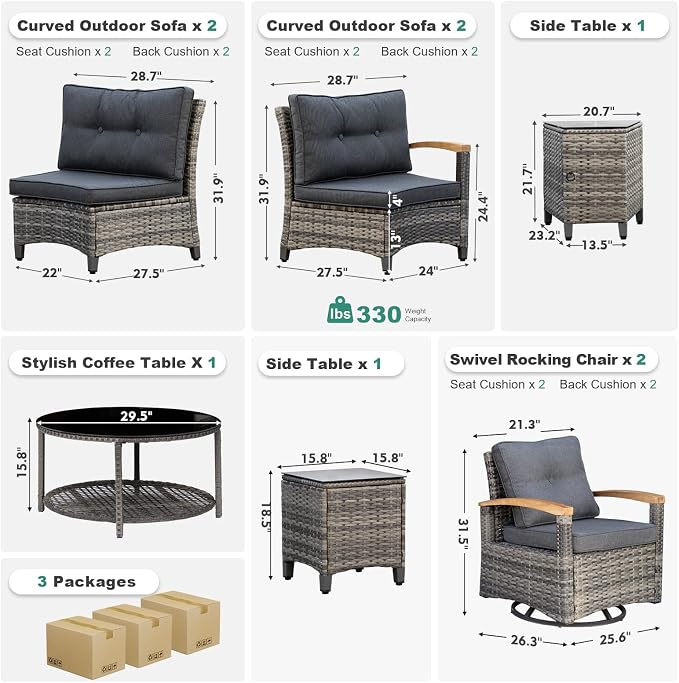 MEISSALIVVE 9-Piece Half-Moon Curved Outdoor Patio Furniture Set, Sectional Conversation Sofa with 2 Swivel Glider Chairs, Coffee & Side Tables for Backyard Deck Garden, Grey