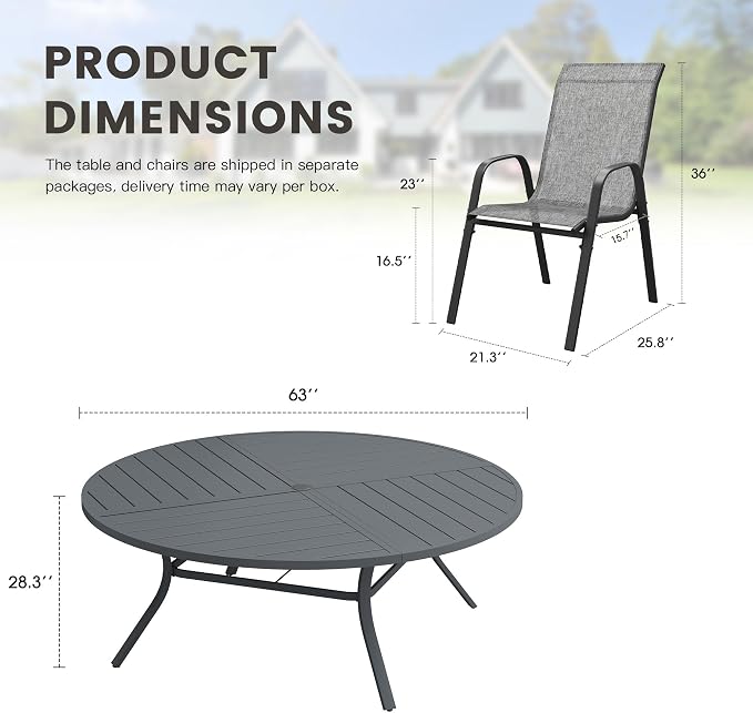 11 Pieces Outdoor Dining Set, 63.1" Spliced Patio Table with Umbrella Hole & Stackable Outdoor Dining Chairs, Patio Furniture Set for Deck Garden Porch, Grey Chairs & Dark Grey Table