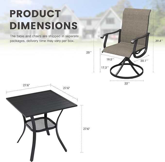 Outdoor Dining Set for 2, 28" Metal Square Outdoor Dining Table and Sling Patio Swivel Chairs, 3 Pieces Patio Table and Chairs Set for Garden Backyard, Mixed Brown and Black