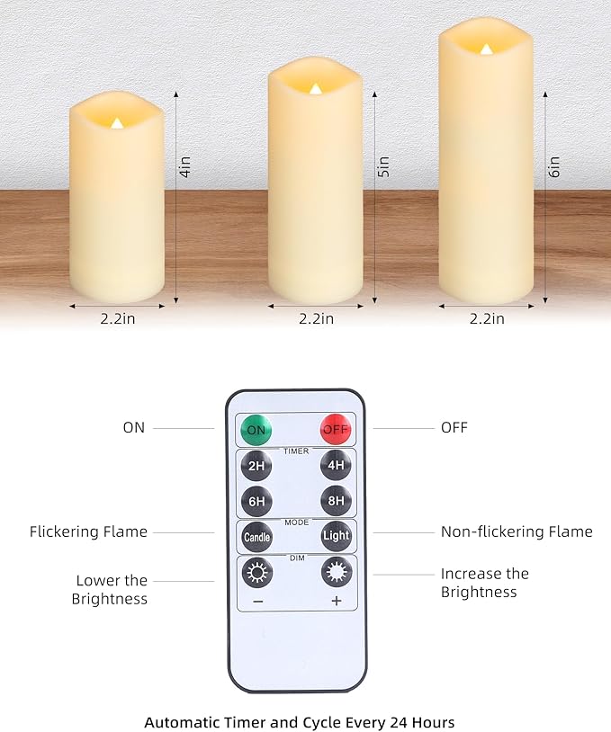Enido Flameless Candles Led Candles Pack of 12 Battery Candles (D2.15'' x H4''5''6'') Waterproof Outdoor Indoor Candles with 10-Key Remotes and Cycling 24 Hours Timer (Plastic)
