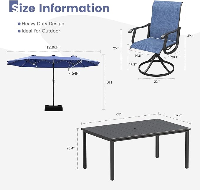 VICLLAX Patio Table and Chairs with Patio Umbrella, 6 Patio Swivel Chairs and Metal Patio Table with 15ft Blue Outdoor Umbrella for Backyard, Navy Blue Chairs & Black Tabletop