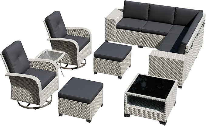 11-Piece Outdoor Patio Furniture Set, Modular Sectional Sofa Set with Swivel Rocker Chairs & Ottomans, Wicker Outdoor Couch Conversation Sets w/Coffee Table and Cushions, Black