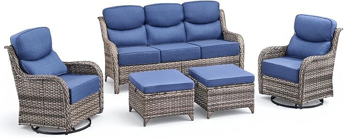 Luxury 5 Pieces Outdoor Patio Furniture Set-High Back Swivel Rocker Patio Chairs with Sofa and Ottomans, 6-inch Extra Thick Cushions Wicker Outdoor Conversation Set for Garden Porch(Grey/Blue)