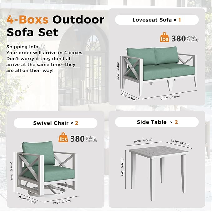 4-Seats Aluminum Outdoor Patio Furniture Set with Swivel Rocking Chairs, Sectional Conversation Sofa with 5.2" Thick Cushions & Coffee Tables, Rust-Resistant Frame for Porch, Garden, Backyard, White