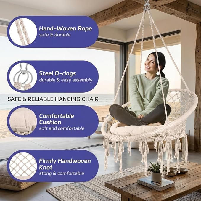 Light Beige Macrame Hammock, Stand-Free Hammock Without Stand, Cotton Porch Swing for Balcony Bedroom Homestay Garden Daily Relax Furniture