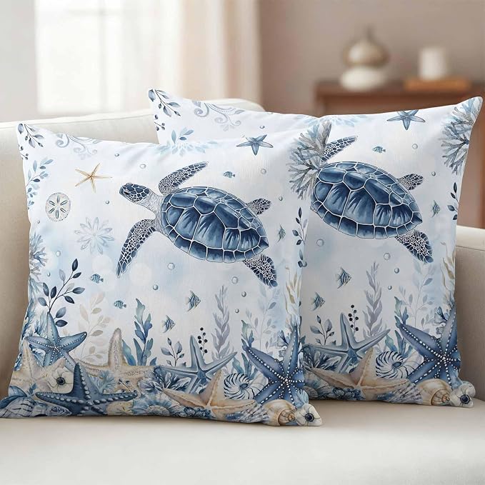 Pack of 2 Blue Turtle Coastal Outdoor Pillow Covers Decorative, Beach Starfish Waterproof Pillow Protector, Nautical Coral Botanical Throw Pillowcases Accent Cushion Cases for Patio Couch Sofa 16"x16"