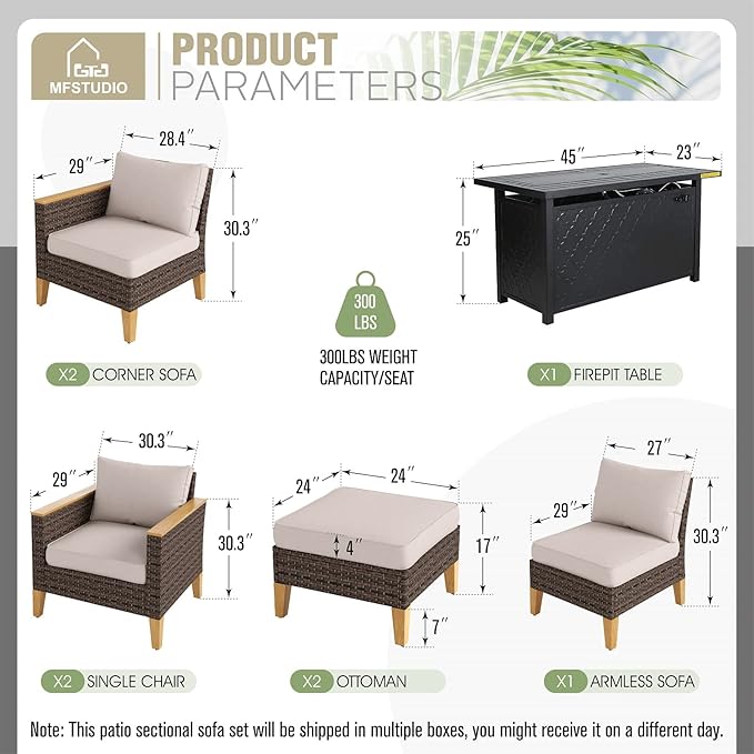 MFSTUDIO 7 Piece Patio Furniture Set with Fire Pit Table, 2 x Single Chair, 2 x Ottoman, 3-Seat Sofa, All-Weather PE Rattan Patio Conversation Set Sectional Sofa for Garden, Backyard(Beige Cushions)