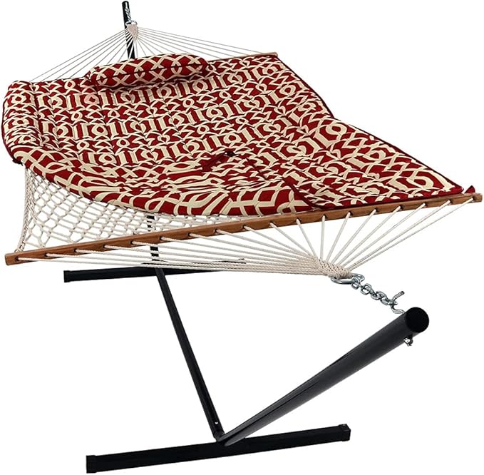 Sunnydaze Rope Hammock with Stand for Outside- 275-Pound Capacity - Includes 12-Foot Hammock Stand, Spreader Bar, Pad, and Pillow - Royal Red