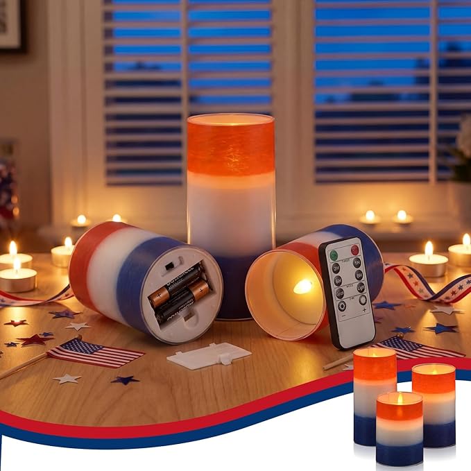 Tujoe 3 Pcs Patriotic Flameless Candles 4th of July LED Battery Pillar Candles Set Battery Operated Independence Blue Red and White Flickering Gifts with Remote Decorations for 250th Anniversary