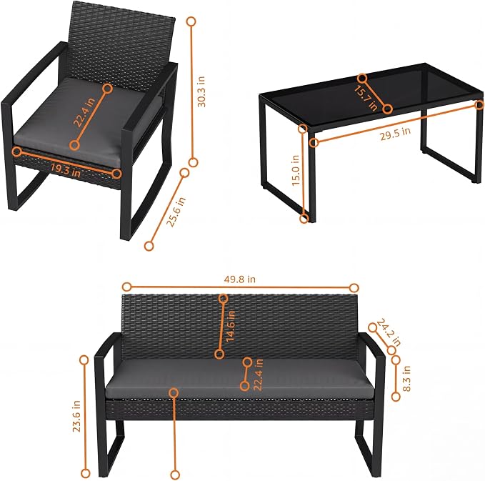 Garvee 4 Piece Patio Furniture Set, PE Rattan Outdoor Rocking Chair Conversation Set with Coffee Table, Outdoor Wicker Patio Table and Chairs Set for Patio, Porch, Backyard, Grey