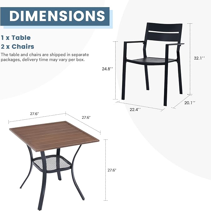 DIFY 3 Pieces Outdoor Patio Dining Set for 2, 27.6" Small Walnut Square Metal Dining Table and 2 Black Patio Stackable Chairs with Metal Frame, Outdoor Table and Chairs for Garden Porch