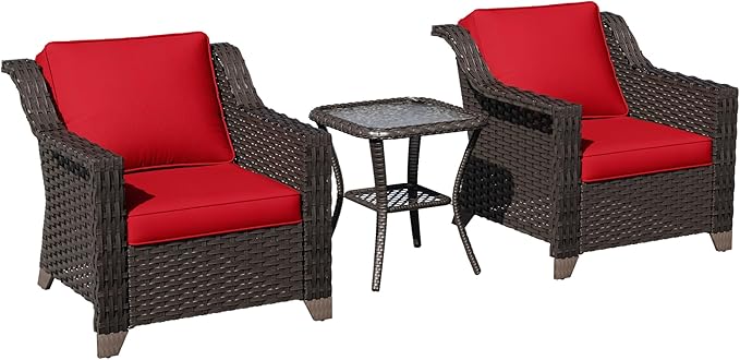 3 Pieces Patio Conversation Furniture Set - 2 Armchairs, 1 Side Table, Outdoor Wicker Furniture with Removable Cushions for Porch, Balcony, Deck, Sunroom (Red)