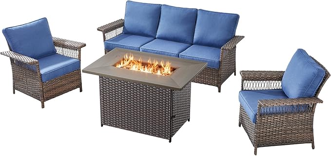 Patio Furniture Set with Fire Pit Table, 4PCS Conversation Set Brown Resin Wicker Chair and Sofa with 41in Rectangular Firepit Table PE Rattan Furniture Set