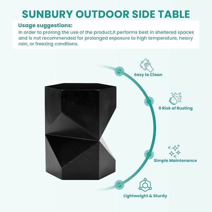 SUNBURY Outdoor Side Table, 18" Hexagon End Table Gloss Finish w Geometric Pedestal, Patio Concrete Accent Table Modular Design Decor, Lightweight Garden Stools for Balcony, Porch, Living Room, Black