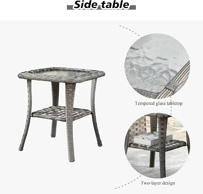 HOOOWOOO Outdoor Patio Side Table with 2 Layers,Wicker Coffee End Table Glass Top,Deck Table for Yard,Deck,Porch,Garden(Dark Brown)