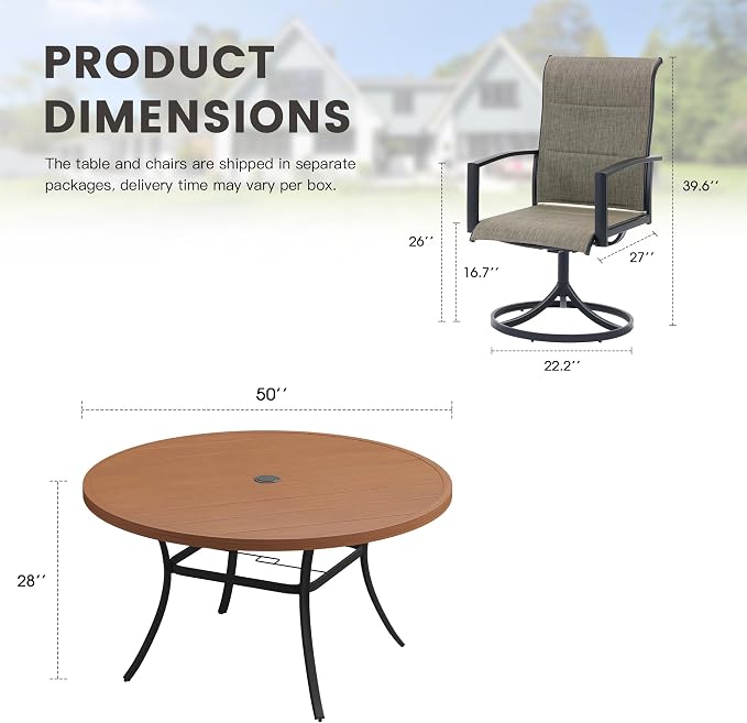 Outdoor Dining Set for 6, 50" Outdoor Dining Table with Umbrella Hole and Padded Textilene Patio Swivel Chairs, 7 Pieces Patio Table and Chairs Set for Garden Backyard, Mixed Brown and Walnut