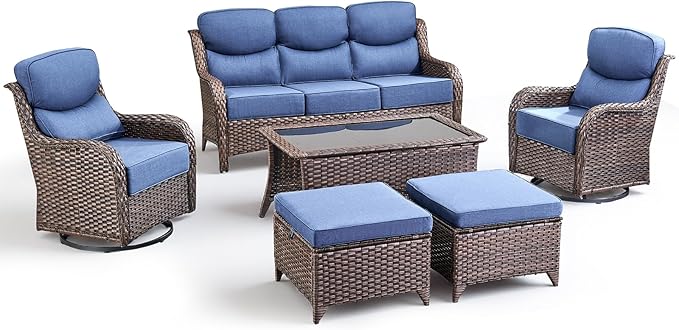 Luxury 6 Pieces Outdoor Patio Furniture Set-All Weather Wicker Outdoor Furniture with Swivel Rocker Patio Chairs 6-inch Extra Thick Cushions Wicker Conversation Set for Garden Porch(Brown/Blue)