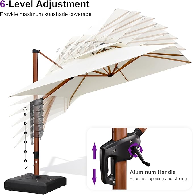 PURPLE LEAF Patio Umbrella with Base Outdoor Square Umbrellas Large Cantilever Umbrella Windproof Offset Heavy Duty Sun Umbrellas for Garden Deck Pool Patio, 9ft Cream