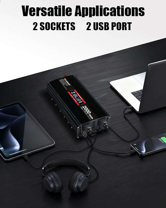 2000 watt Inverter 12V to 110V/120V, dc to ac Inverter 2000W with Intelligent LCD Display Dual AC Outlets Dual USB Charging Port for RV Truck Laptop (Black)