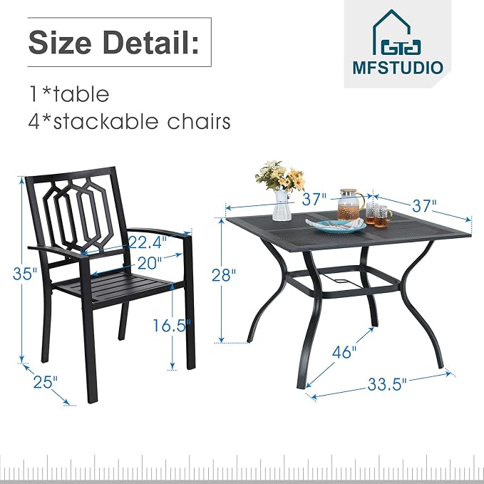 MFSTUDIO Patio Dining Set for 4, Outdoor Table and Chairs Set with Umbrella Hole, 5 Piece Metal Patio Furniture Set for Deck, Backyard, Poolside & Garden