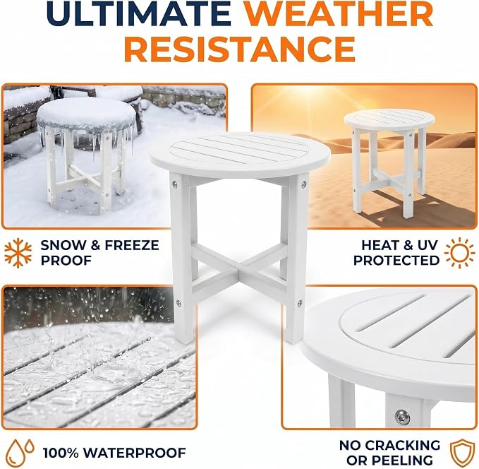 GDFStudio HDPE Outdoor Side Table, Small Patio End Table, All-Weather Round Accent Table for Porch Balcony Deck Poolside, White