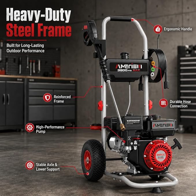 Gas Powered Pressure Washer 3800 PSI, 2.5 GPM High Power Washer, 212CC Engine with 5 Spray Tips—Ideal for Houses, Driveways, Cars, and Concrete Surfaces