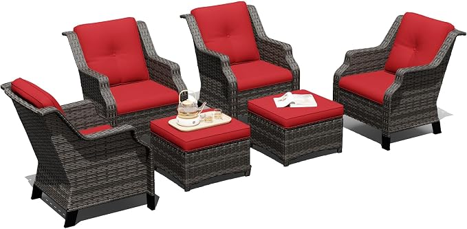 Outdoor Patio Furniture Set, 6 Piece Wicker Patio Furniture with Thick Cushions, Curved Armrest, Deep Seating, Rattan Outdoor Chairs for Porch, Deck, Balcony
