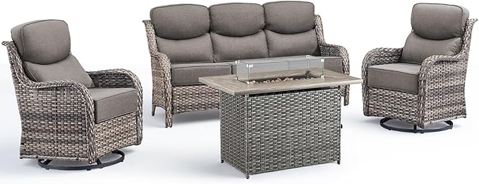 Luxury Patio Furniture Set with Fire Pit Table-4 Pieces High Back Wicker Swivel Rocker Chairs with 6" Extra Thick Cushions, Outdoor Patio Conversation Sets for Porch Deck Backyard(Grey/Grey)