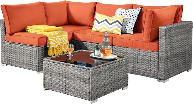 Weaxty 5 Pieces Patio Furniture Sets,Wicker Outdoor Sectional Sofa with Thicken Cushion and Rattan Coffee Table,Patio Conversation Couch Set for Porch, Balcony,Yard, Poolside,Orange Red