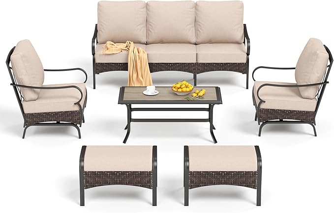 PHI VILLA Outdoor Modern Patio Furniture Set, Upgraded Wicker & Metal Patio Conversation Set with Waterproof Thick Cushions for Porch, Poolside, Yard(6 Pieces,Beige)