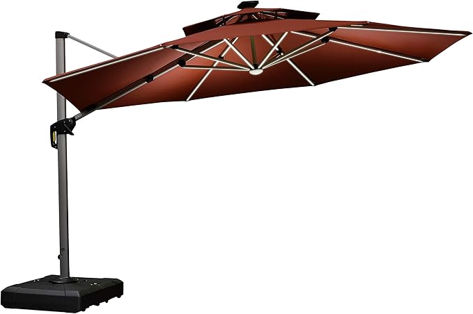 PURPLE LEAF 12ft Solar powered LED Patio Umbrella Outdoor Round Large Cantilever Umbrella with LED lights Windproof for Garden Deck Pool Patio, Brick Red