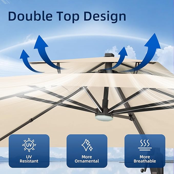 10x13 FT Patio Umbrella with LED Lights Cantilever Outdoor Large Heavy Duty Rectangle Aluminum Offset Umbrellas Double Top 360 Rotation 7 Tilt Adjustment for Pool Deck Garden, Beige