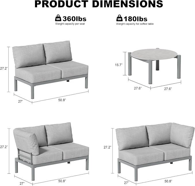 Patio Furniture Set for 6 seat, Aluminum Outdoor Sectional Sofas with 7 Inch Olefin Cushion and Glass Coffee Table, Modern Outdoor Conversation Sets for Porch, Backyard, Sunroom, L-Shaped, Gray