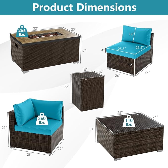 Tangkula 7 Pieces Outdoor Sectional Sofa Set Set with 32” Fire Pit Table and Propane Tank Cover, for Deck, Garden and Backyard, Fire Pit Protective Cover Included (Turquoise)