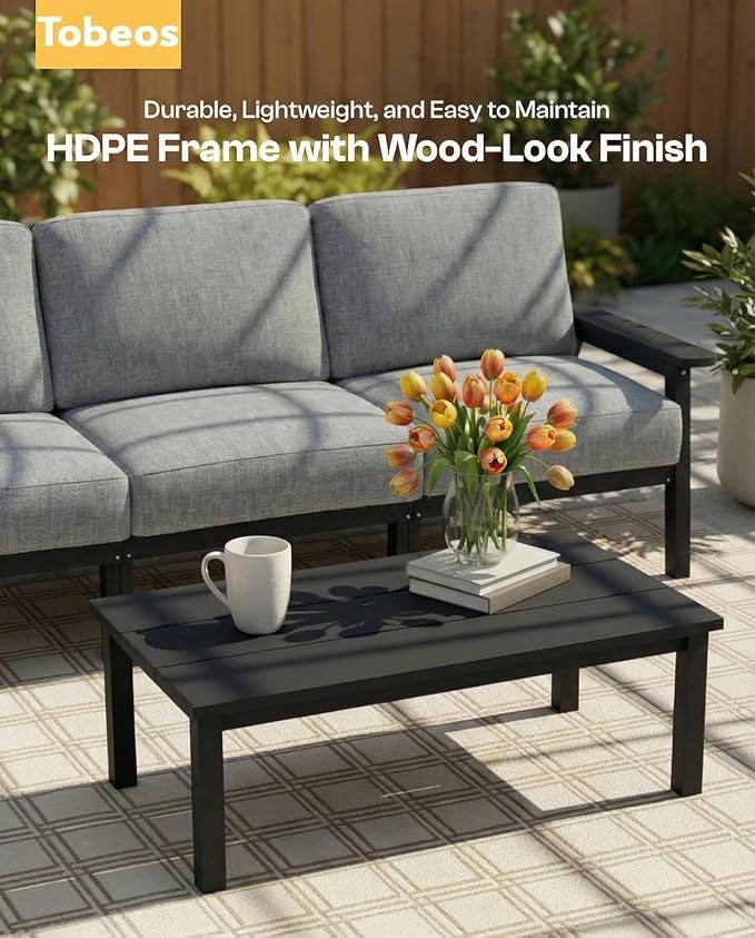 HDPE Patio Furniture Set 8 Seats, Outdoor Couch with Washable Thick Gray Cushions & Side Table, Outdoor Sectional Furniture for Backyard, Deck, Lawn, Porch (Black Frame)