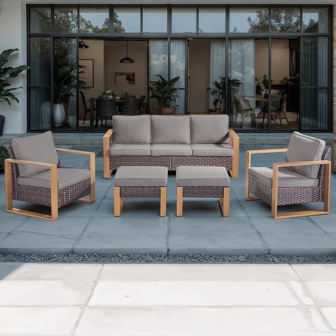 Rilyson Outdoor Wicker Patio Furniture Set - 5 Piece Patio Conversation Set with 2 Wicker Armrest Chairs,2 Rattan Ottoman and 1 Couch,Sturdy Frame,Thick Cushions,Deep Seating(Brown/Grey)