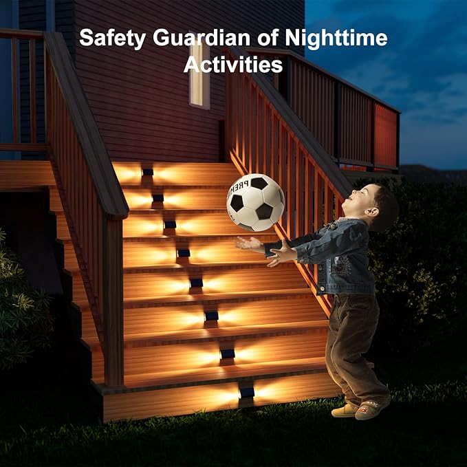6 Pack Solar Powered Step Lights Outdoor Waterproof LED for Deck Stair Safety Outside Decorative Lamp for Yard, Patio, Porch Railing, Pathway, Fence, 2 Sided Warm White Lighting for Enhanced Security