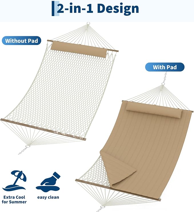 Garvee Double Quilted Hammock – 450 lbs, Hardwood Bars, Pillow Included | Soft yet durable quilted fabric – resists wear and retains shape.