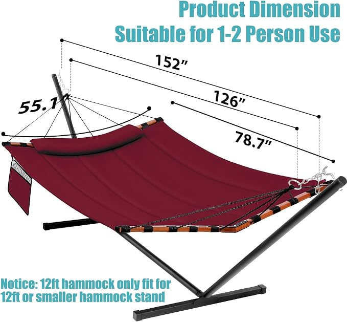 TegerDeger 12FT 2 Person Hammock with Stand Included 55 x 79IN Large Hammock 450LB Capacity with Hardwood Spreader Bar & Nylon Rope for Outside, Patio, Garden, Backyard, Beach - Deep Red