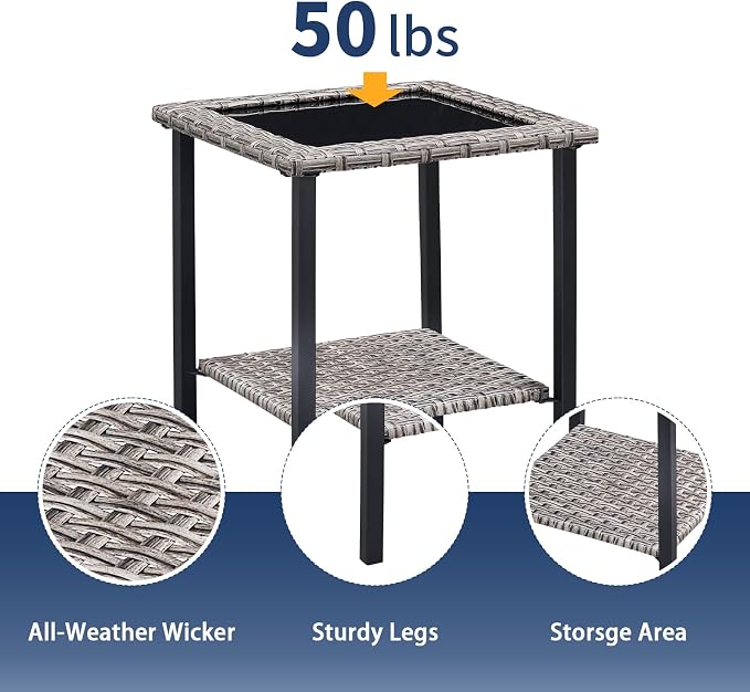 Patio Tables Wicker Side Table, Outdoor End Table with Storage Shelf, Patio Furniture Side Table for Sofa, Swivel Chairs, Garden, Balcony - Square/Grey