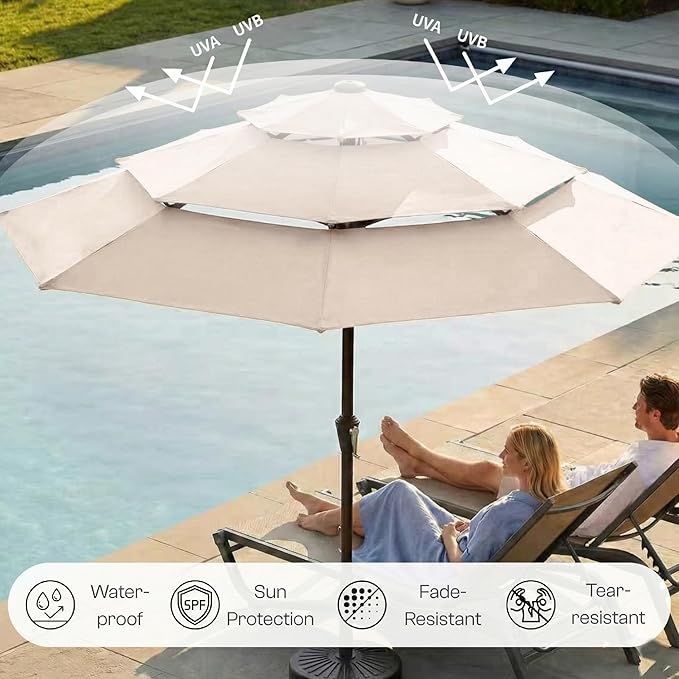 10ft 3-Tier Patio Umbrella with 32 Solar Powered LED Lights, Windproof Outdoor Market Umbrella for Deck, Poolside & Garden, Sturdy Push-Button Tilt Table Umbrella, Beige