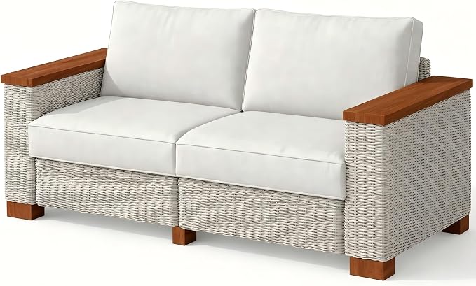 PaPaJet Outdoor Loveseat Patio Sofa, Wicker Couch with Solid Armrests & Legs, 4.7" Thick Cushion, UV-Resistant Modular Sofa for Porch, Backyard, Garden