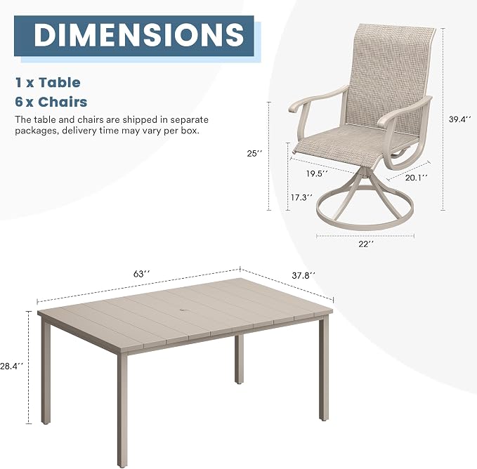DIFY Outdoor Dining Set for 6, 7 Piece Patio Table and Chairs Set, Swivel Patio Chairs with Textilene Fabric & 63" Rectangle Metal Dining Table with Umbrella Hole, for Garden Backyard Deck, Sandshell