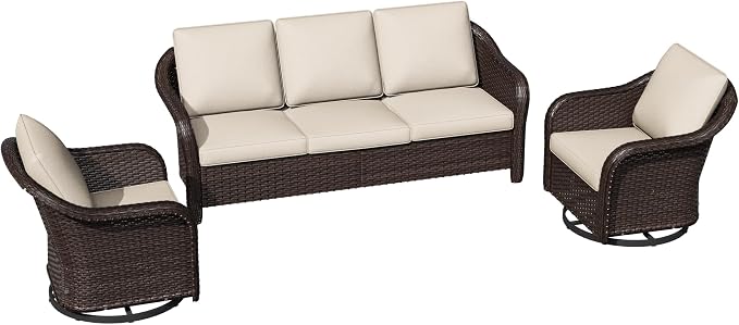 3-Piece Patio Conversation Set, 78 inch Wicker 2-Seater Sofa with Washable Cushions, 360° Swivel Glider Rocker Chairs, All Weather Rattan Outdoor Furniture for Backyard Garden Lawn, Beige