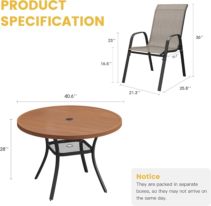 VICLLAX Patio Dining Set for 4, All Weather Metal 5 Pieces Patio Set-40.6" Round Outdoor Table and Stackable Chairs for Lawn Garden and Backyard, Walnut Wood Grain Tabletop