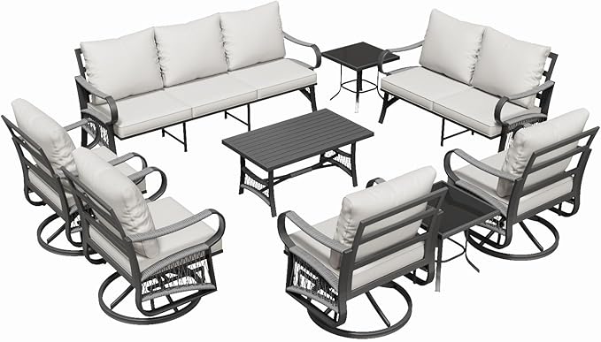 9 Piece Patio Furniture Set, 4 Single Swivel Chairs, Rope Braided Exposed with Thick Cushions, Outdoor All Weather Patio Conversation Sectional Sofa Set for Garden, Porch, Lawn, Beige
