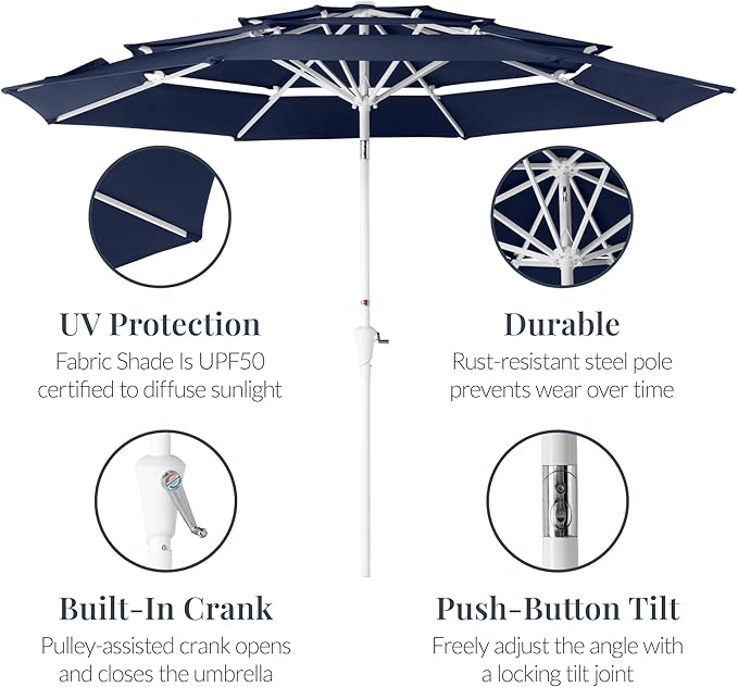 Best Choice Products 10ft 3-Tier Patio Umbrella White Pole, Outdoor Market Umbrella with Push Button Tilt and Crank Lift, Steel Pole Umbrella for Backyard Patio Pool Outdoor Shade